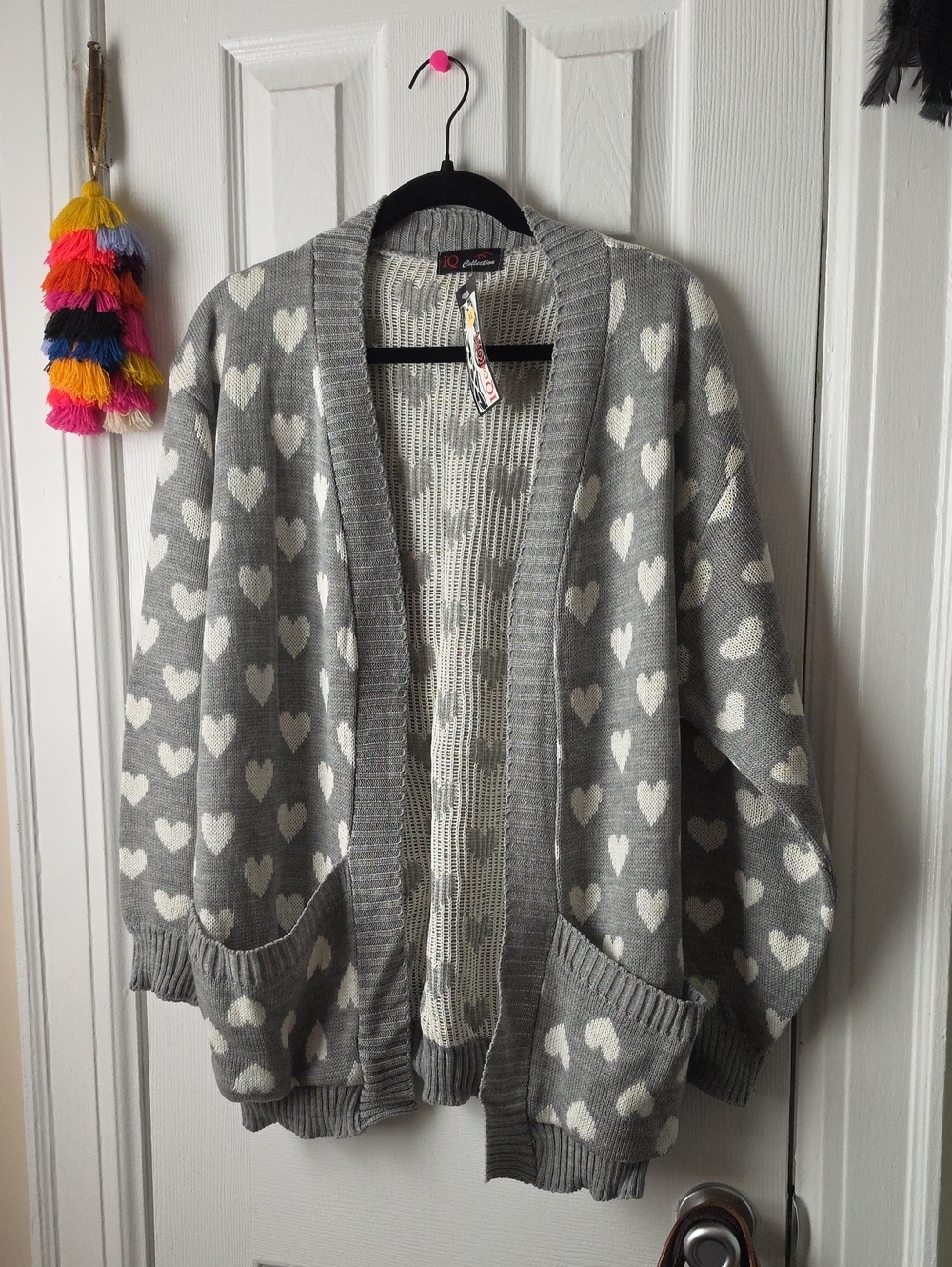 NWT Women's Gray Heart Knit Open Cardigan Sweater